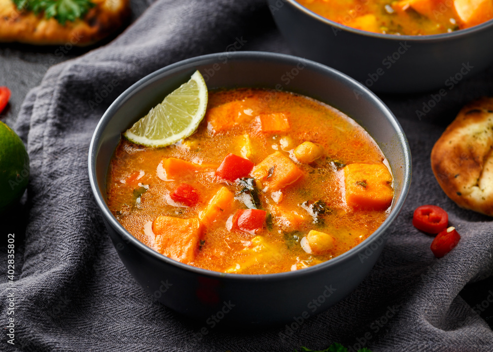 Curry soup with sweet potato, kale, chickpea, red pepper and chicken