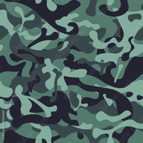 Winter camouflage seamless pattern background. Classic clothing and uniform design with blue and green elements. Soldier camo military vector.