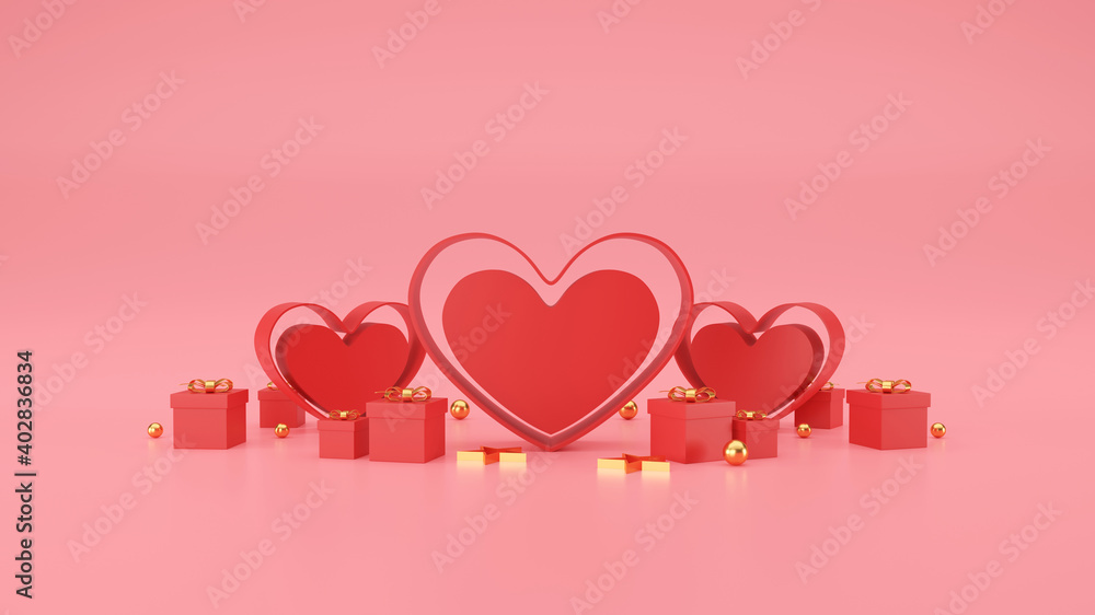 happy valentine's day banner. heart, gift and box on pink background. space for text. 3D illustration