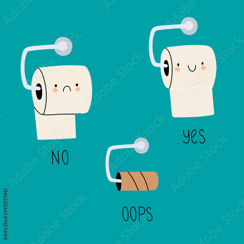 Toilet Paper rolls with faces. Set, collection of cartoon rolls of toilet paper. Hand drawn vector illustration with lettering. Hygiene, WC, restroom.