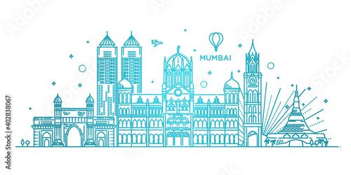Mumbai detailed skyline. Travel and tourism background. Vector background. line illustration. Line art style