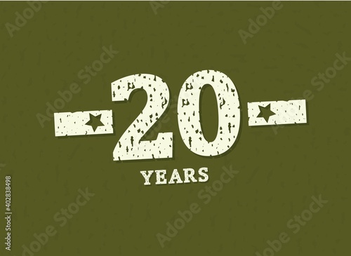 20 years anniversary with badge military, grunge pattern. Army design with star on green camouflage background. Vector perfect for any military labels, posters and armed force etc.