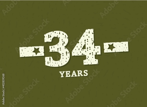 34 years anniversary with badge military, grunge pattern. Army design with star on green camouflage background. Vector perfect for any military labels, posters and armed force etc.