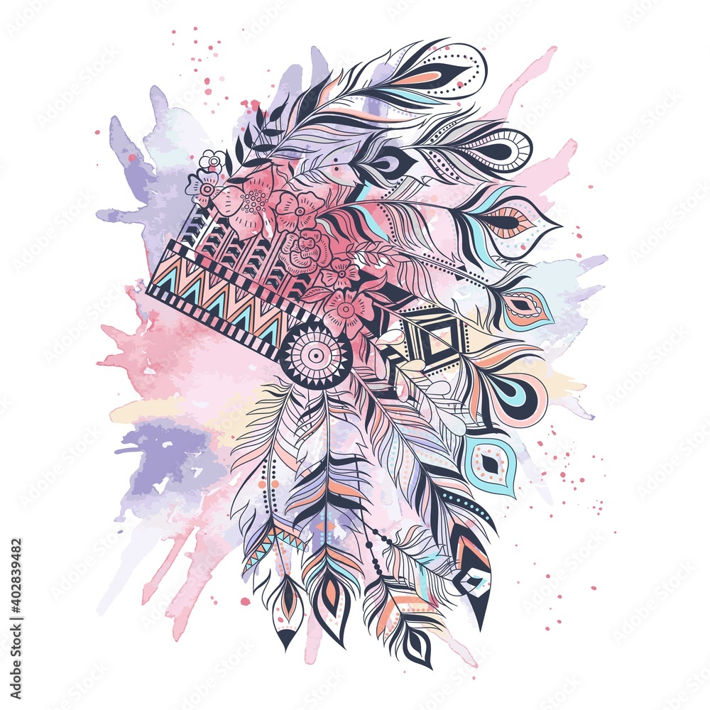 Boho illustration with headdress from feathers, tribal vector background. Ideal for T-shirt prints

