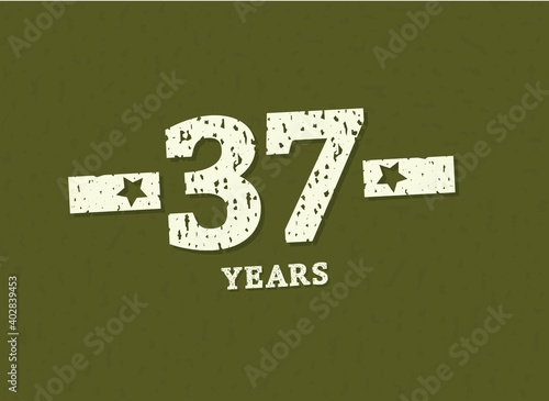 37 years anniversary with badge military, grunge pattern. Army design with star on green camouflage background. Vector perfect for any military labels, posters and armed force etc.