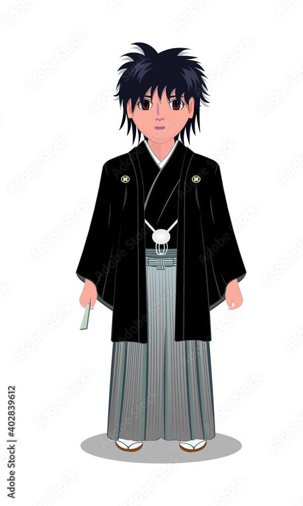 smart japanese boy or teen dress in black formal kimono with hakama pants  drawing in cartoon vector Stock Vector | Adobe Stock