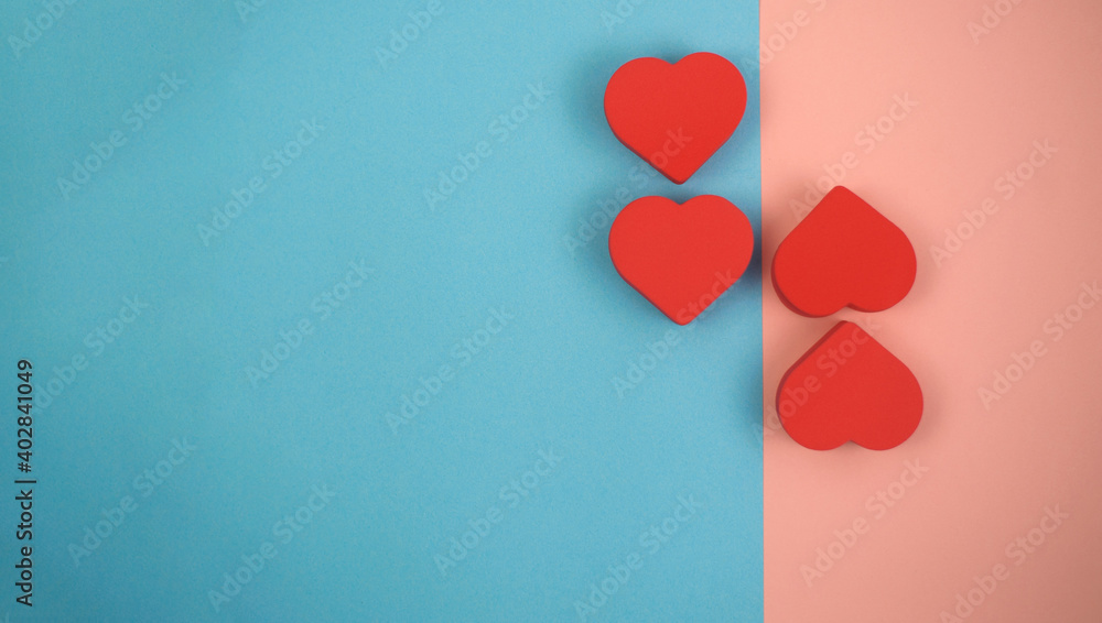 Four red hearts on pink and blue background