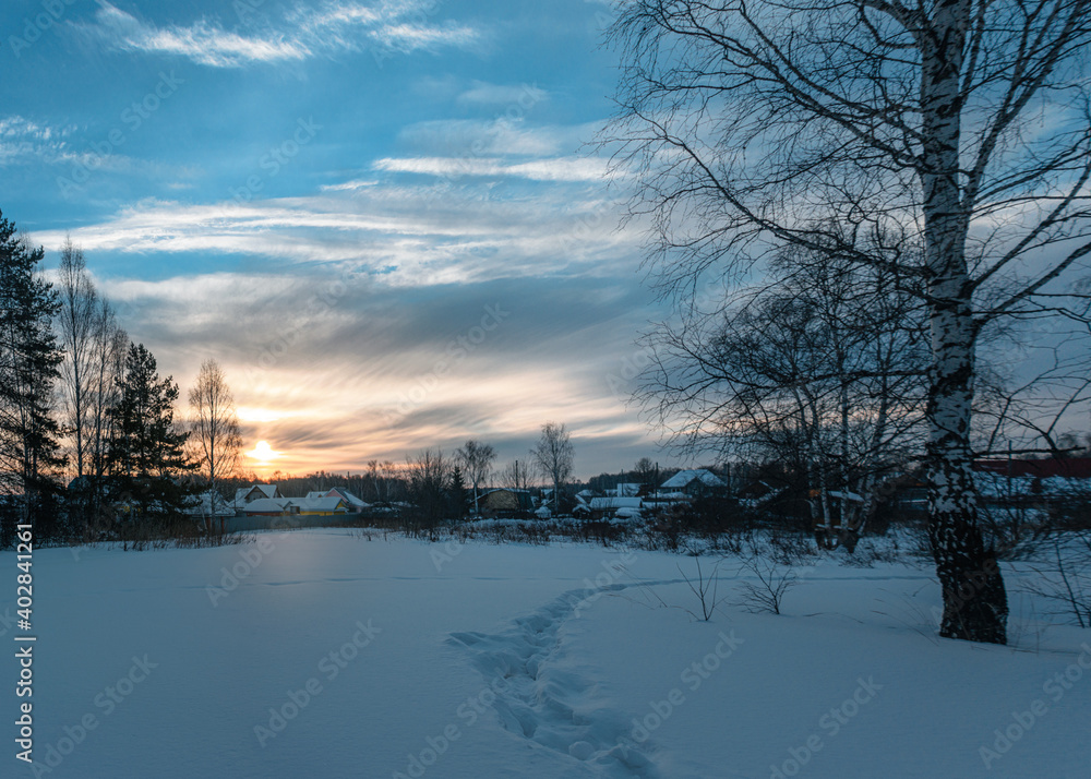 sunrise over the village. pink-blue sky with white floating clouds, white snow with a trampled path, silhouettes of trees and wooden houses