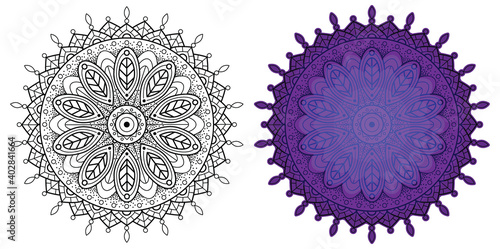 Floral ornament. Round pattern for coloring book.