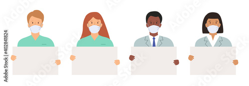 Set of doctors holding empty banners.