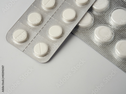 Different medication: tablets, pills in a blister pack, medicine, macro, selective focus, space for copy