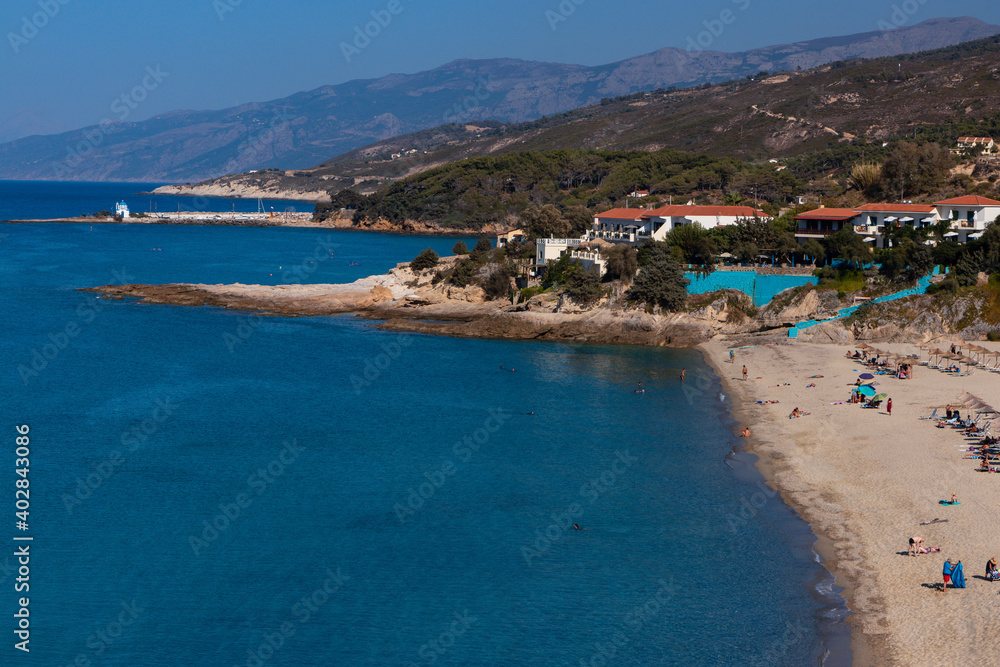 Aerial view to the popular Livadi beach in Armenistis on the North Aegean Island Ikaria.