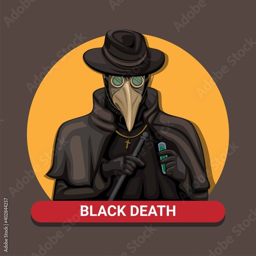 Black Death Plague Doctor. medieval pandemic medic crew wear bird mask costume symbol concept in cartoon illustration vector