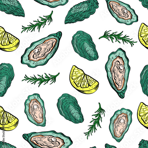 Oysters shells food sea vector seamless pattern on white background. Concept for menu, cards, wallpaper