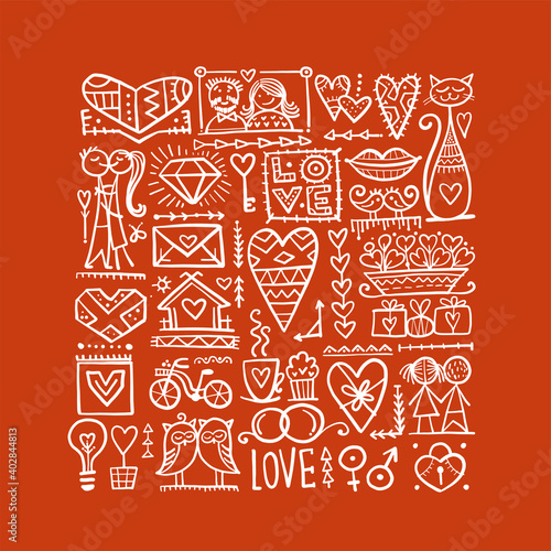 Valentine's day card design. Love icons collection. Wedding set.