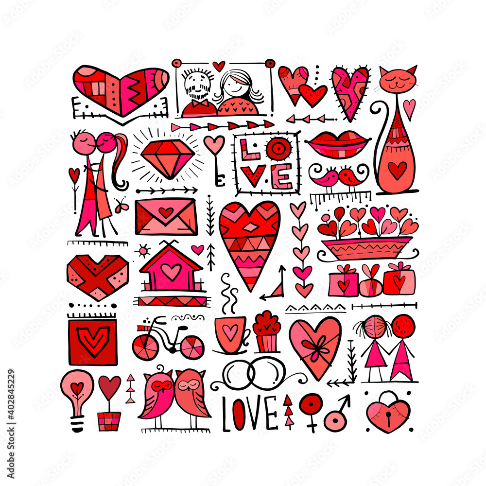 Valentine's day card design. Love icons collection. Wedding set.