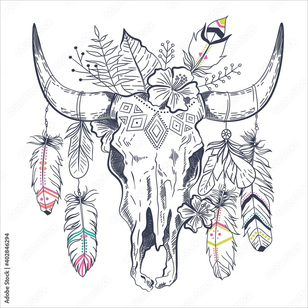 Boho chic, ethnic, native american or mexican bull skull with feathers on  horns. Tribal hand drawn vector illustration. Poster, postcard, invitation  design vector de Stock | Adobe Stock