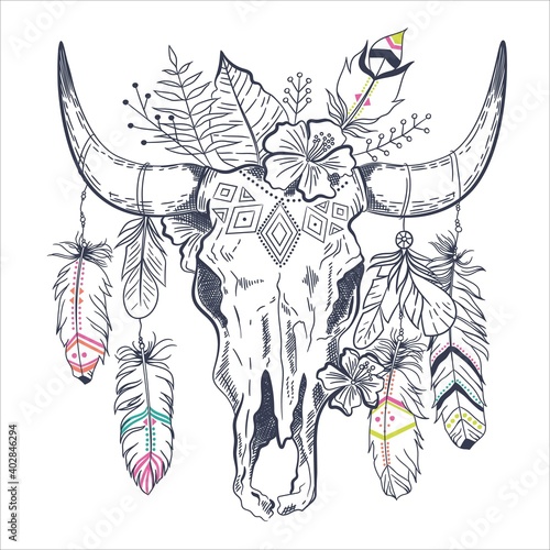 Boho chic, ethnic, native american or mexican bull skull with feathers on horns. Tribal hand drawn vector illustration. Poster, postcard, invitation design
