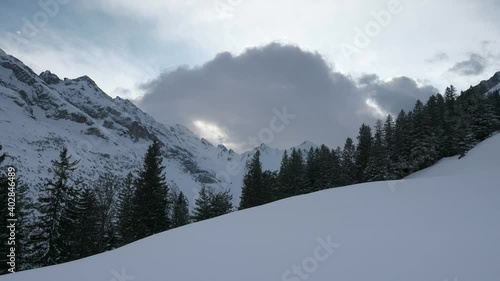 Hoch Geissberg. Picturesque Swiss Alps. Scenic Snowcapped Mountain Peaks. Switzerland Europe. Slow motion photo