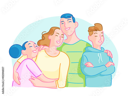 Famiglia perfetta e felice composta da genitori e figli che si abbracciano