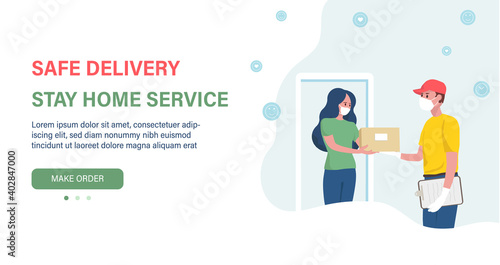 Courier in protective mask and gloves deliver a package or box to woman during coronavirus quarantine. Online safe delivery service concept. Doorstep delivery to home. Vector illustration