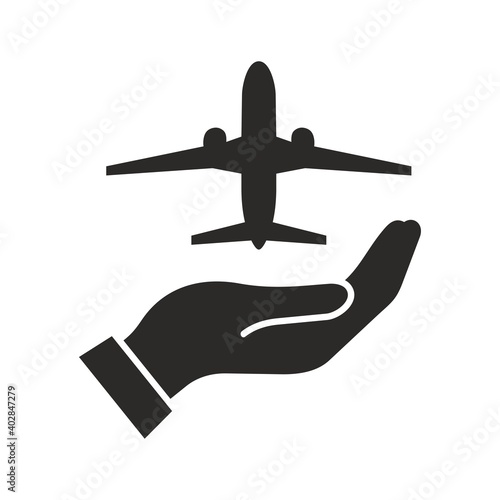 Travel insurance icon. Airplane in hand. Flying plane. Air transport. Commercial aviation. Vector icon isolated on white background.