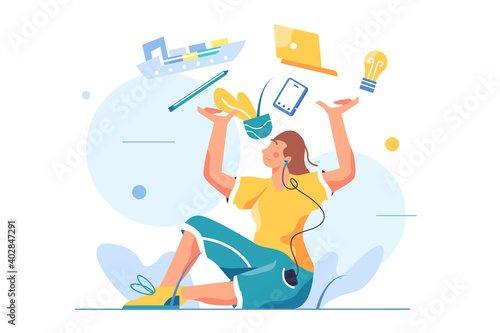 Girl sitting on the floor and holding things in her hands, computer, phone, karandish, ship, girl in headphones isolated on white background, flat vector illustration