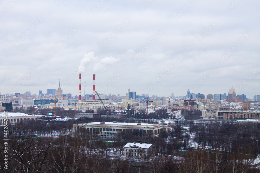 top view of the historic city center from the panoramic platform Vorobyovy Gory on a cloudy winter day and space for copying in Moscow Russia top view of the historic city center from the panoramic platform Vorobyovy Gory on a cloudy winter day and space for copying in Moscow Russia