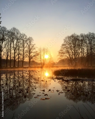 Golden Spring sunrise reflecting in a pond at the village green on a misty morning