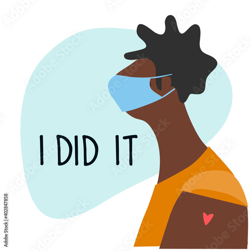 Vaccination time concept. Stop coronavirus concept. Happy black woman after vaccine injection in shoulder. Vector illustration with I Did It text. Campaign banner, poster, flyer, social media post