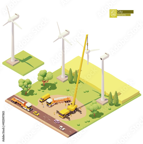 Vector low poly wind turbines farm construction. Onshore wind farm construction. Workers installing rotor blades with crane. Isometric city map elements