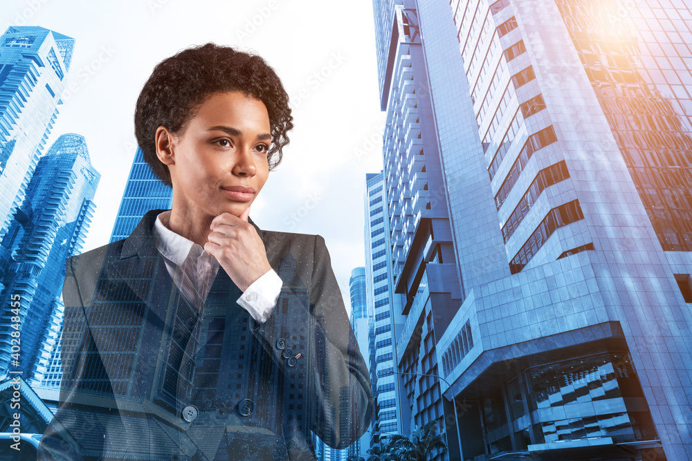 Attractive black African American business woman in suit with hand on ...
