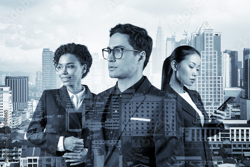 Photography Group of three business colleagues in suits working and dreaming about new career opportunities after MBA graduation