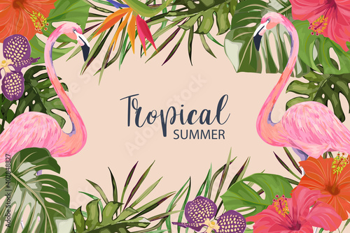 Exotic tropical palm leaves, strelitzia, orchid, hibiscus and flamingo. Frame border background. Summer vector illustration. Template for card