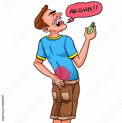 Cartoon the man feels back pain.