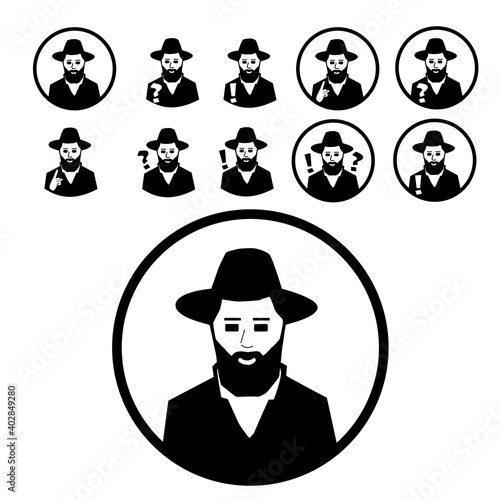 Icon set of a religious Orthodox rabbi observing Torah and mitzvos with a hat and suit and beard.
Some with a question mark,  or with an exclamation mark, and  with the hand raised in an explanation