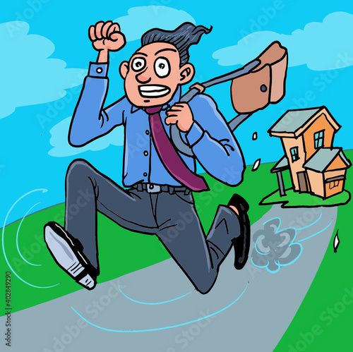 The man rushing to the office. The cartoon a man running.