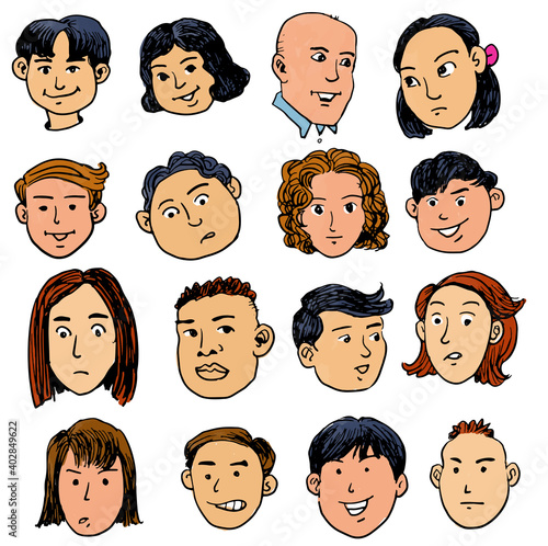 Asian people cartoon faces collection.