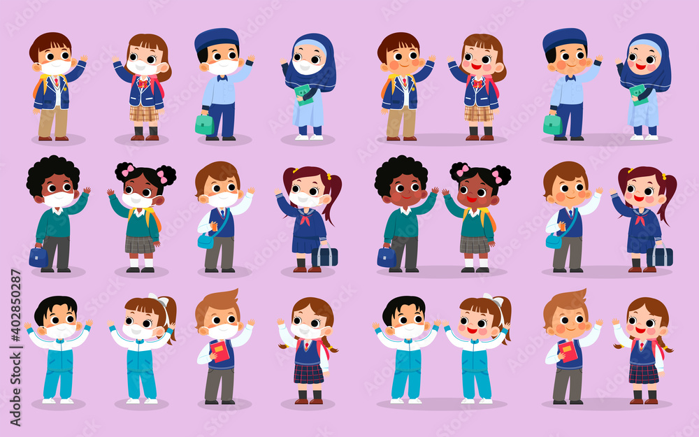 Set of variety school uniforms style vector illustration. Students wearing mask and without mask character Set of variety school uniforms style vector illustration. Students wearing mask and without mask character