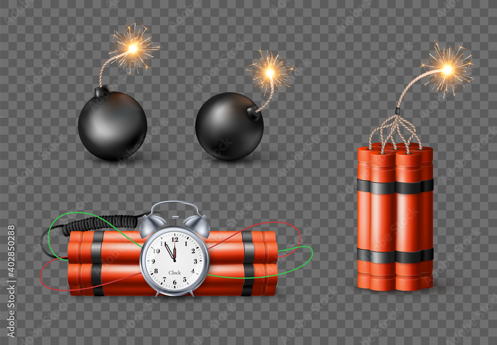 Φωτογραφία set of Dynamite Bomb with Burning Wick and black sphere bomb