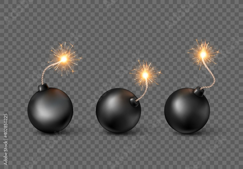 Set of Bombs. Burning fuse black bomb in realistic style. Vector illustration isolated on transparent background photo