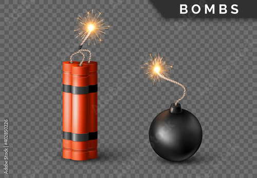 Dynamite Bomb with Burning Wick and black sphere bomb. Military Detonate Red Weapon. Vector illustration