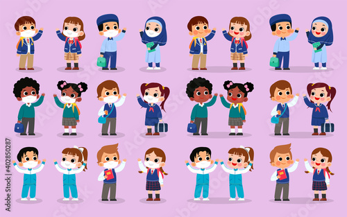 Set of variety school uniforms style vector illustration. Students wearing mask and without mask character