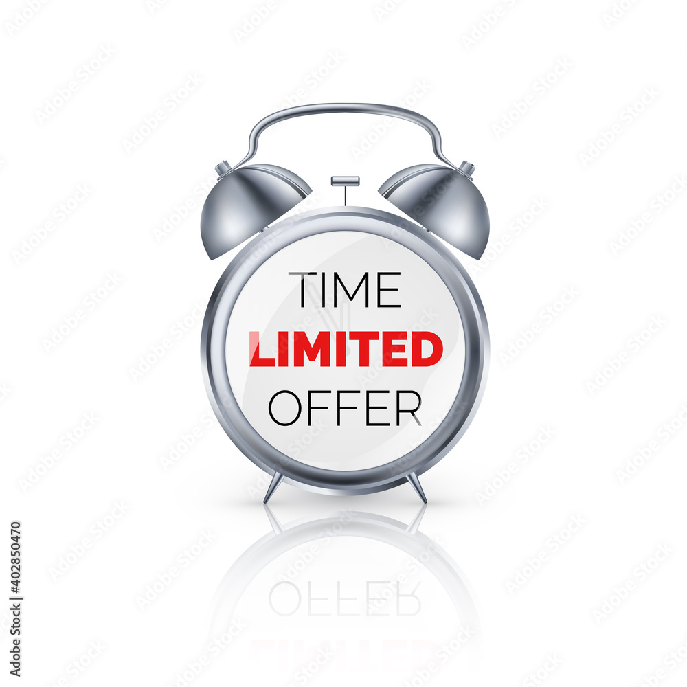 Realistic alarm clock with special offer on dial. Limited time offer banner. Big sale discount. Vector illustration Realistic alarm clock with special offer on dial. Limited time offer banner. Big sale discount. Vector illustration