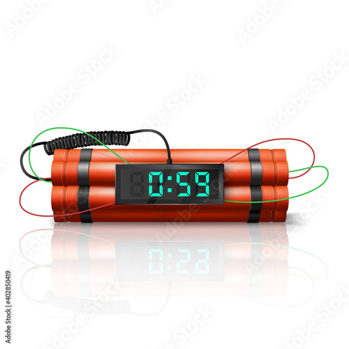 Dynamite Bomb with Countdown Clock with reflection. Military Detonate Red Weapon. Vector illustration