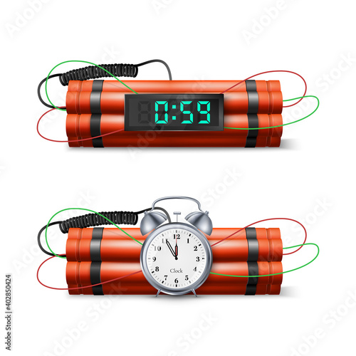 Dynamite Bomb with Countdown Clock and Digital Timer. Military Detonate Red Weapon. Vector illustration