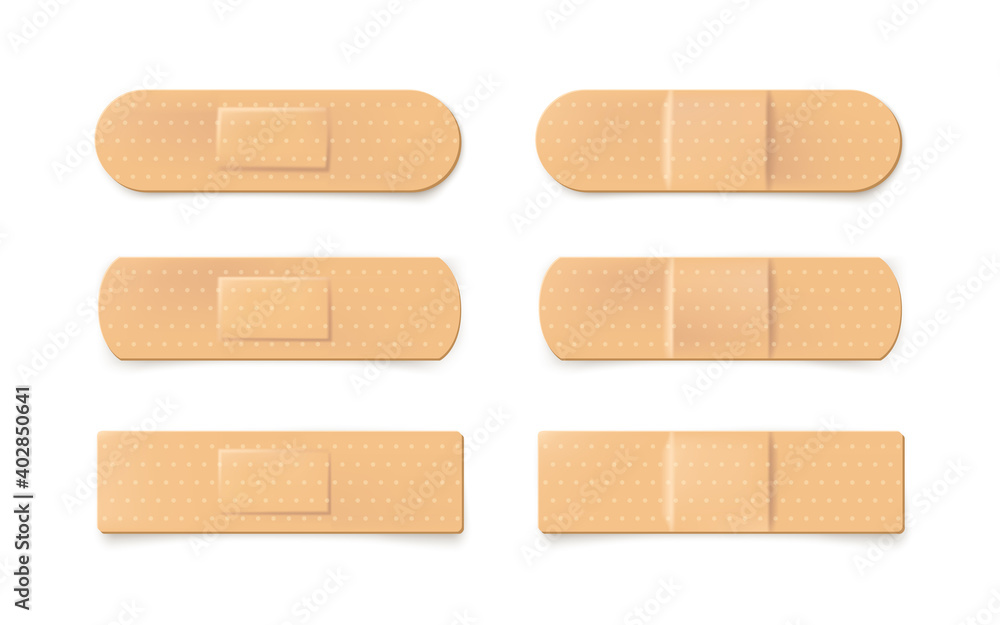Set of realistic illustration of plaster bandage. Beige medical band. Vector illustration isolated on white Set of realistic illustration of plaster bandage. Beige medical band. Vector illustration isolated on white