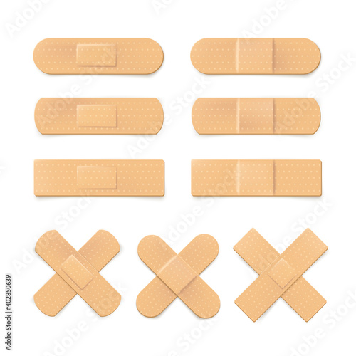 Set of realistic illustration of plaster bandage. Beige medical band. Vector illustration