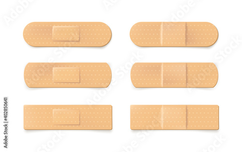 Set of realistic illustration of plaster bandage. Beige medical band. Vector illustration isolated on white