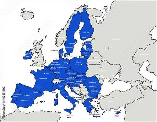 Vektor Europakarte EU grau / blau mit schwarzen Ländergrenzen und Text  (nach Brexit)